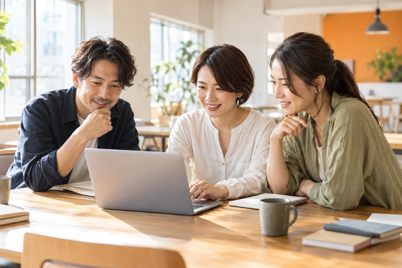 明るい教室でノートパソコンを囲み、一緒に学ぶ大人たちのイメージ